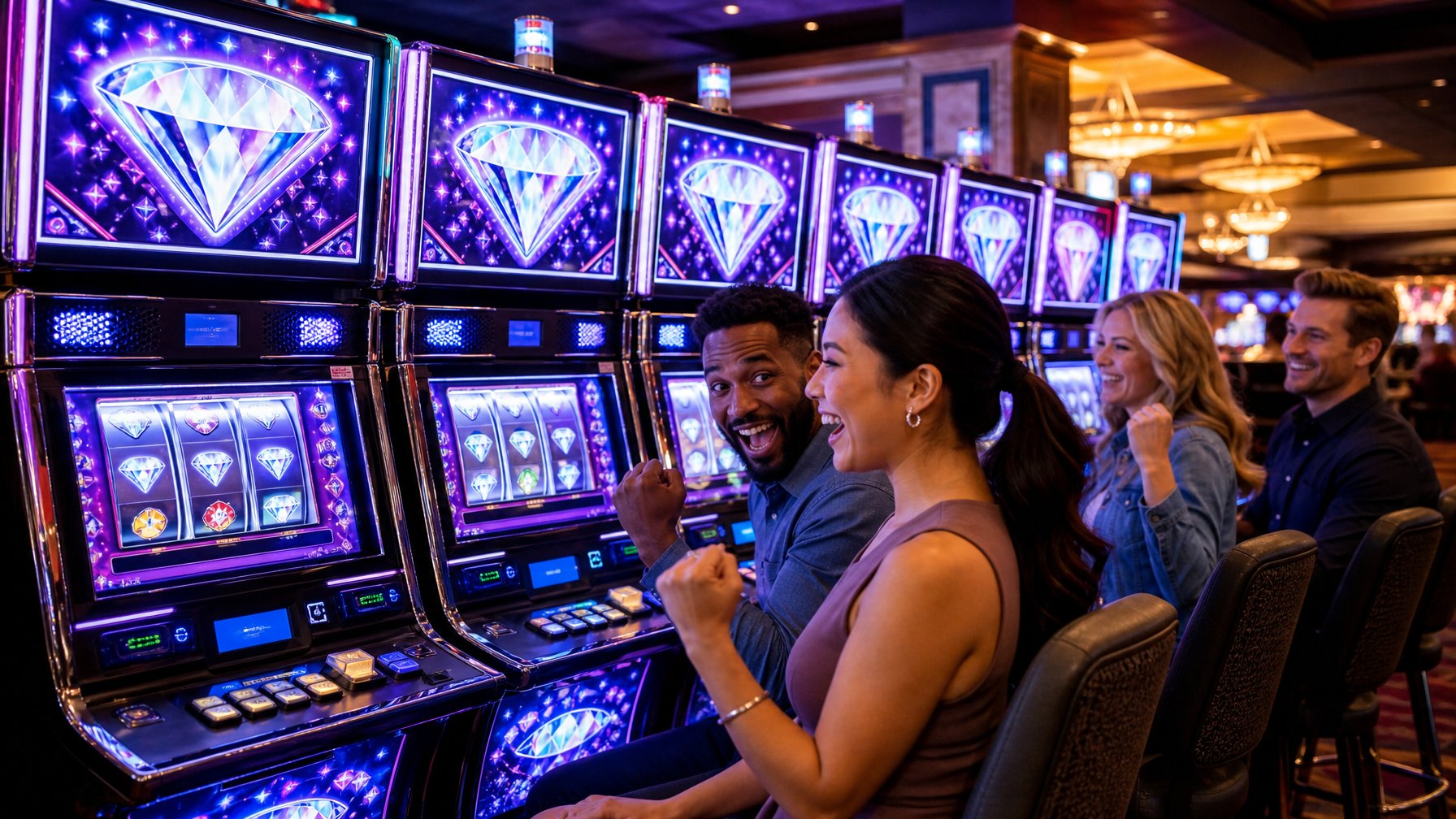 Sejumlah orang bermain mesin slot bertema double diamond di kasino dengan suasana ceria dan pencahayaan warna-warni.
