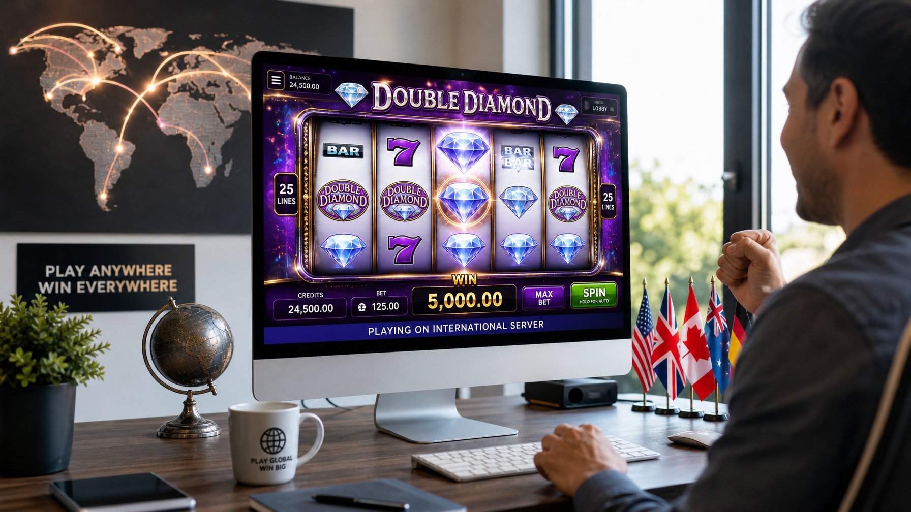 Seorang pria duduk di depan komputer dengan layar menampilkan permainan slot online bertema Double Diamond, dikelilingi oleh peta dunia dan bendera internasional di meja.