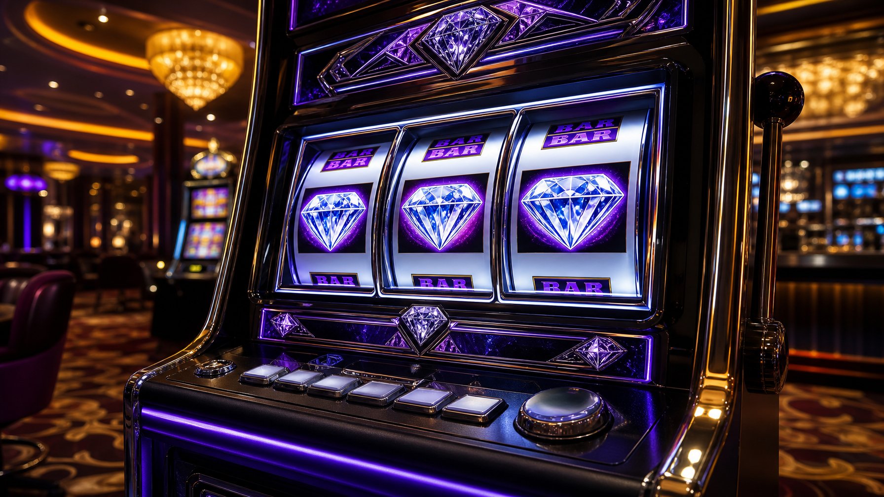 Mesin slot bertema double diamond di dalam kasino modern dengan pencahayaan hangat dan suasana mewah.