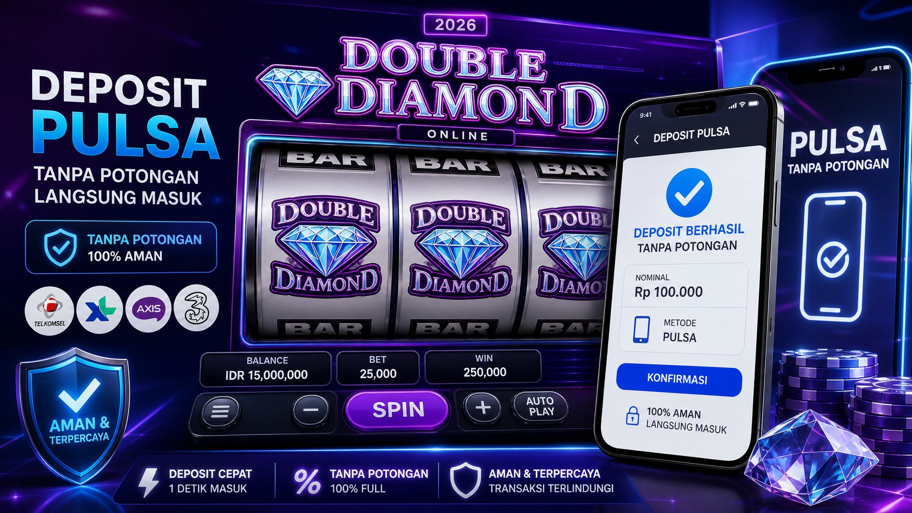 Tampilan antarmuka mesin slot Double Diamond dengan simbol berlian dan ikon pembayaran pulsa di latar belakang digital modern.