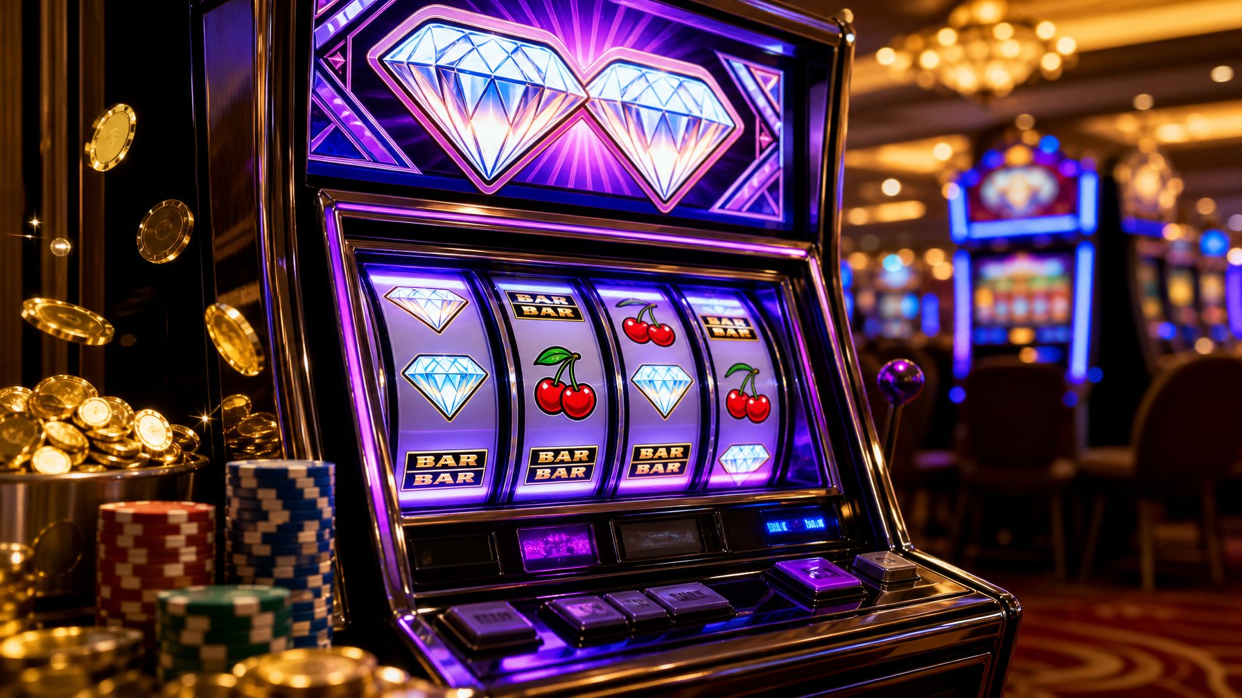 Mesin slot Double Diamond di kasino dengan koin dan chip di sekitarnya, menunjukkan suasana permainan dan jackpot.