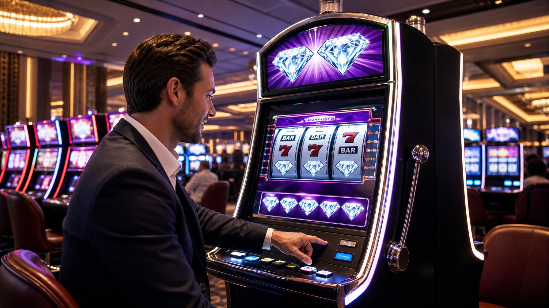 Seorang pemain dewasa sedang menggunakan mesin slot Double Diamond di lantai kasino yang mewah dan terang.