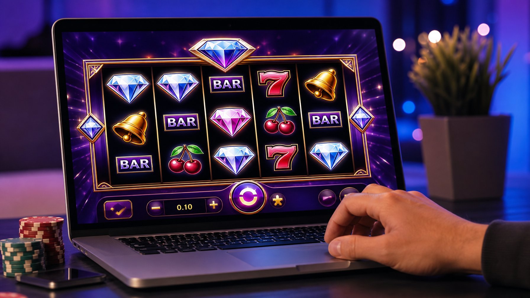 Layar laptop menampilkan permainan slot Double Diamond dengan simbol berwarna cerah, tangan sedang berinteraksi dengan laptop di lingkungan gaming yang modern dan minimalis.