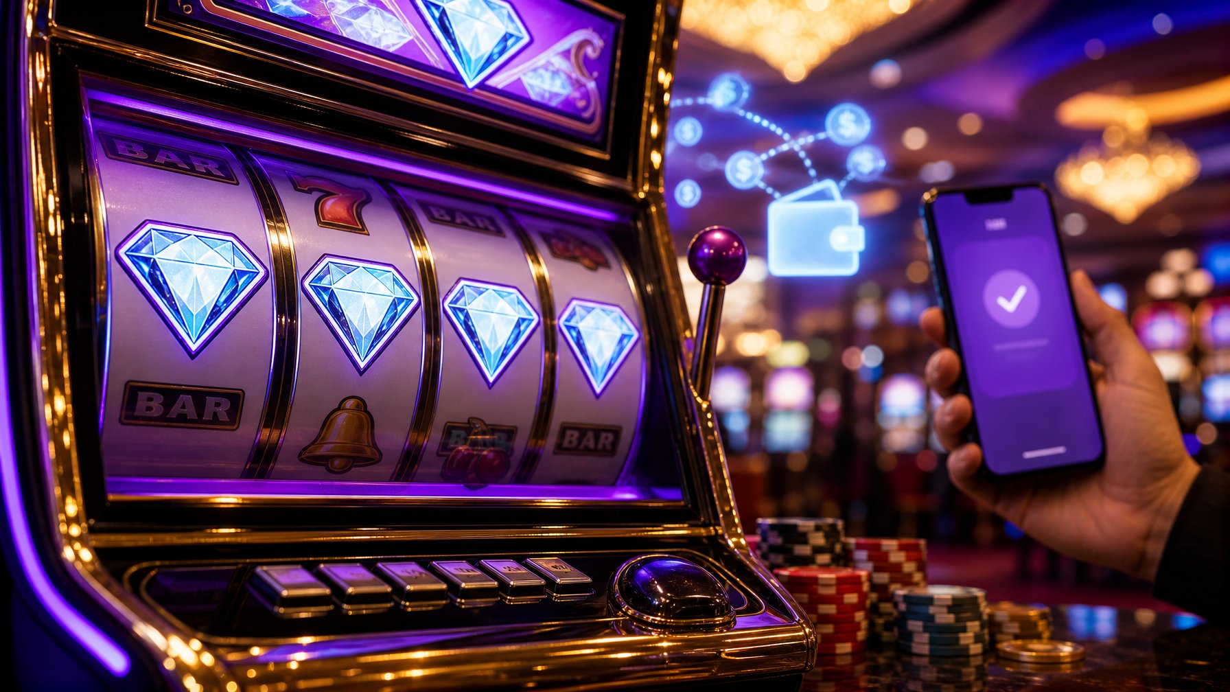 Mesin slot Double Diamond yang modern dengan simbol berlian ganda menyala di lingkungan kasino yang cerah dan penuh warna, dengan tangan memegang ponsel yang menunjukkan jumlah deposit kecil.