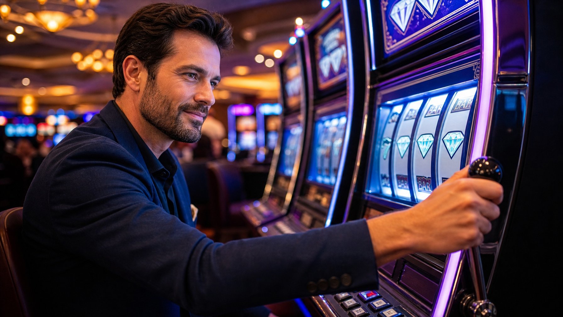 Seorang pemain dewasa duduk di depan mesin slot Double Diamond klasik di kasino, fokus menarik tuas mesin dengan latar belakang kasino yang modern.