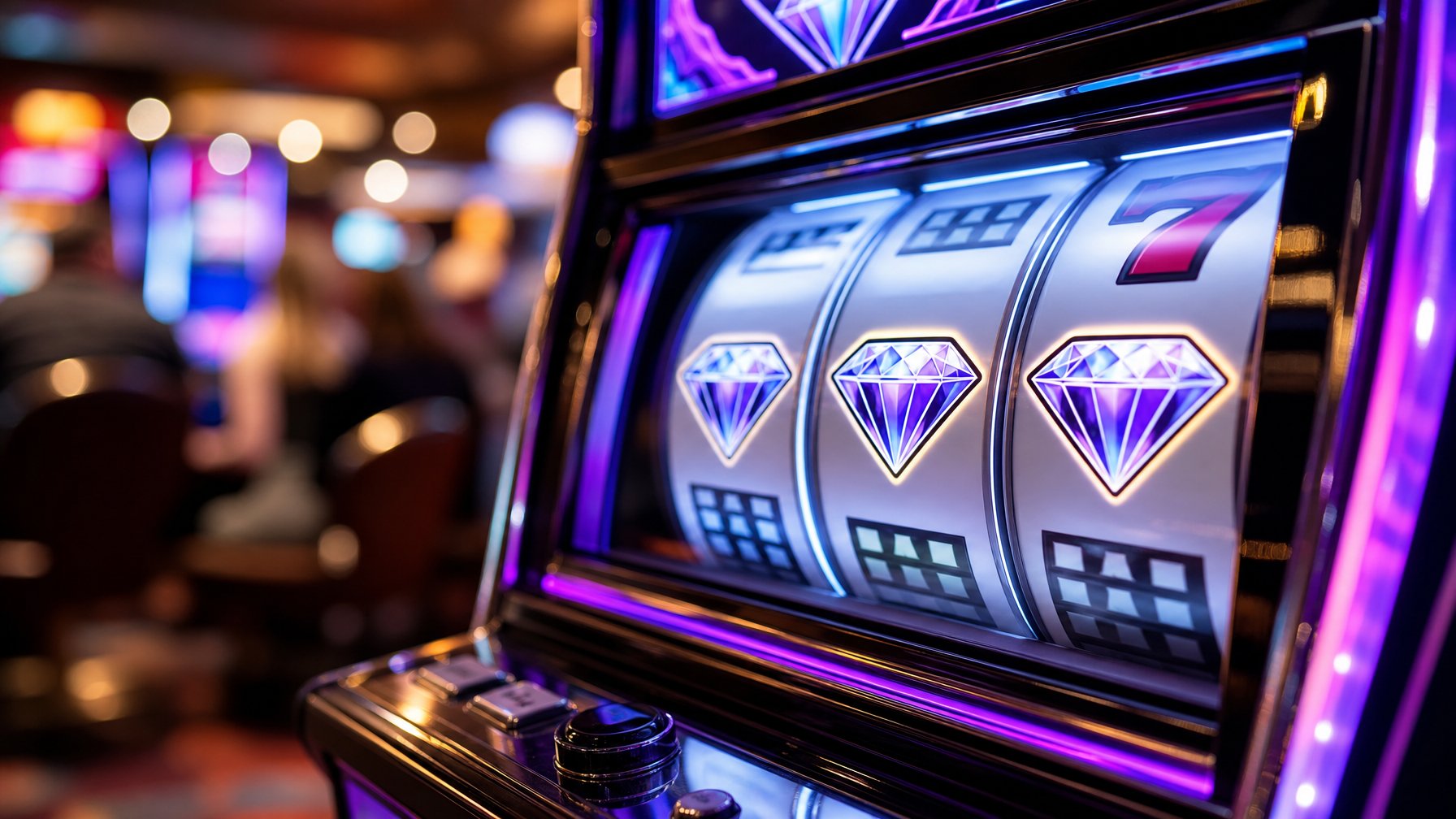 Mesin slot Double Diamond klasik dengan simbol berlian ganda yang menyala di kasino yang ramai.