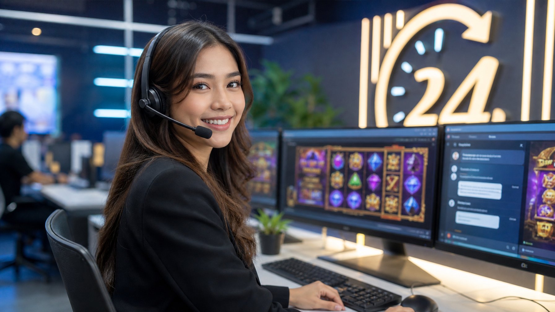 Seorang perwakilan layanan pelanggan yang ramah duduk di meja dengan beberapa monitor komputer di kantor modern.