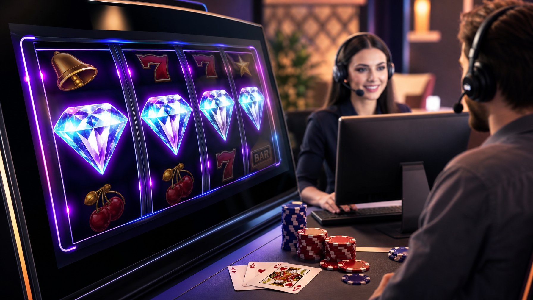 Seorang perwakilan layanan pelanggan dengan headset membantu pemain di depan komputer dengan mesin slot Double Diamond yang menyala di layar.