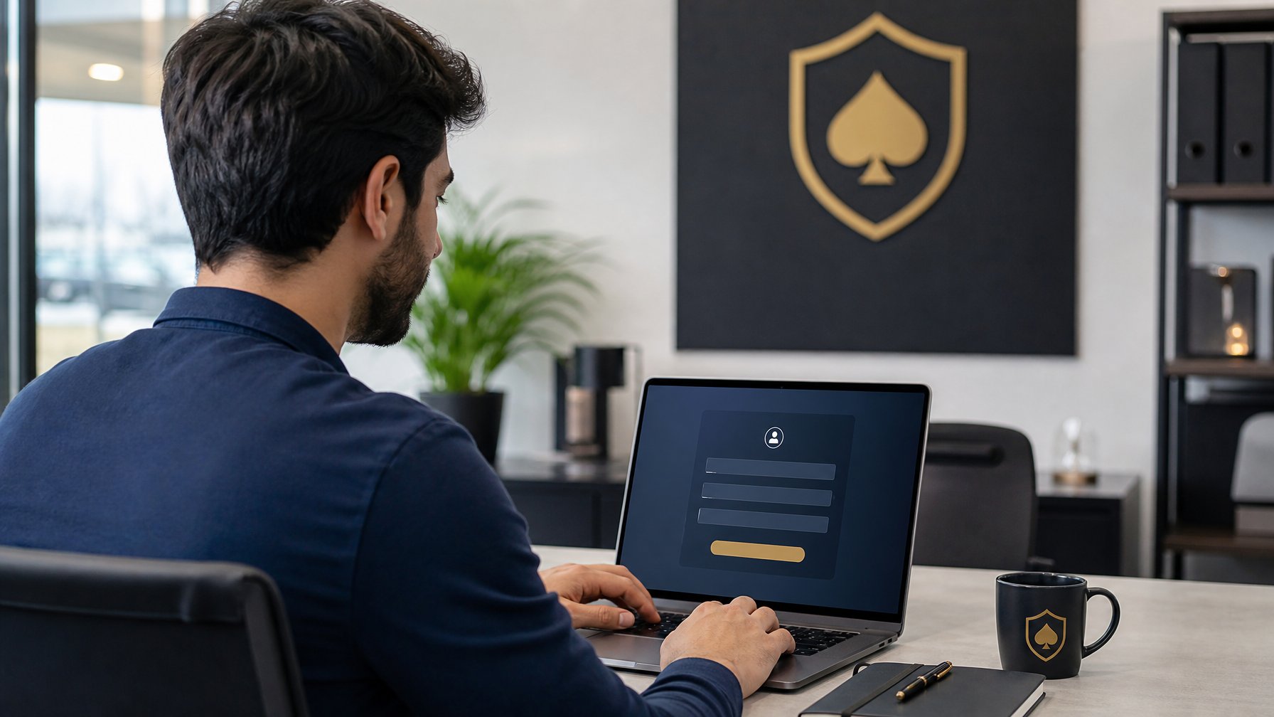 Seseorang sedang mendaftar akun menggunakan laptop di sebuah ruang kantor yang rapi dan terang.