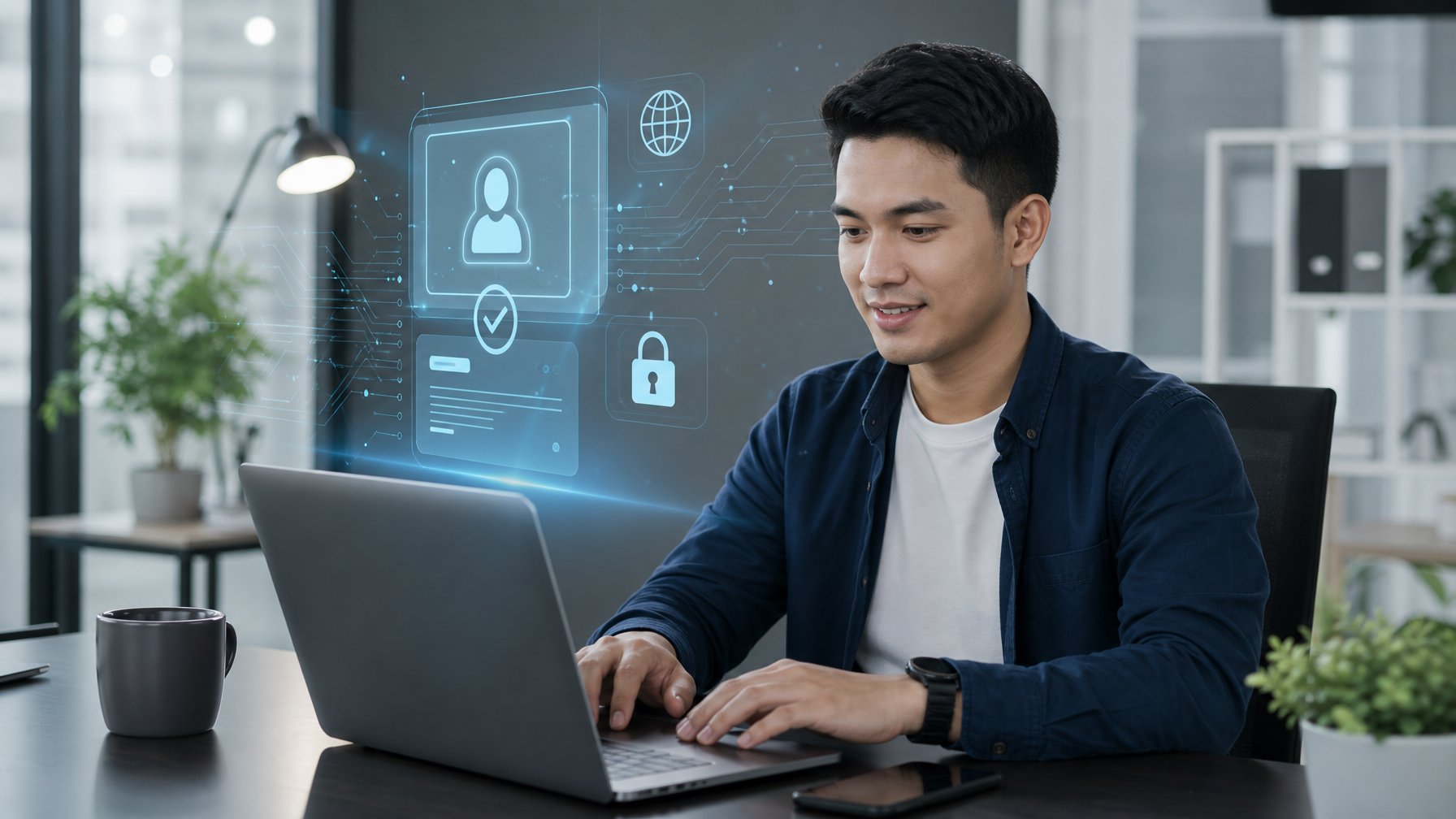 Seorang pria muda sedang menggunakan laptop di meja kerja modern untuk mendaftar akun secara online.
