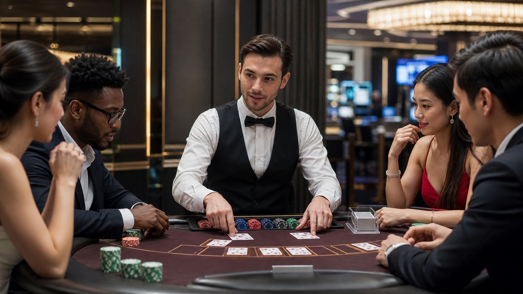 Seorang dealer profesional sedang mengelola meja permainan kartu Ceme dengan beberapa pemain yang fokus di sekitarnya dalam suasana kasino yang modern dan elegan.