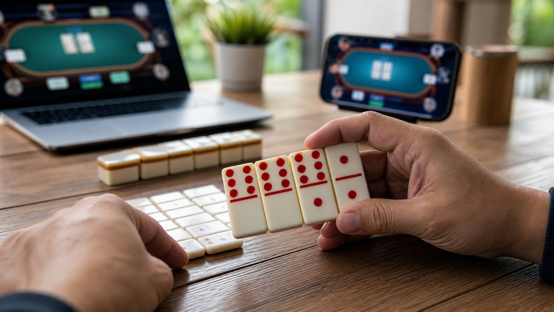 Meja permainan dengan kartu domino Qiu Qiu yang tersusun rapi dan tangan pemain sedang menghitung kartu.