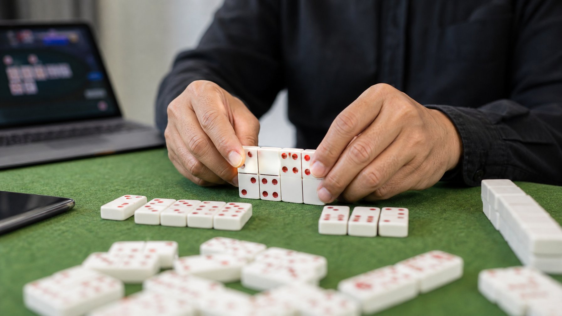 Tangan seseorang sedang menyusun kartu domino Qiu Qiu di atas meja hijau dengan laptop dan ponsel di latar belakang.