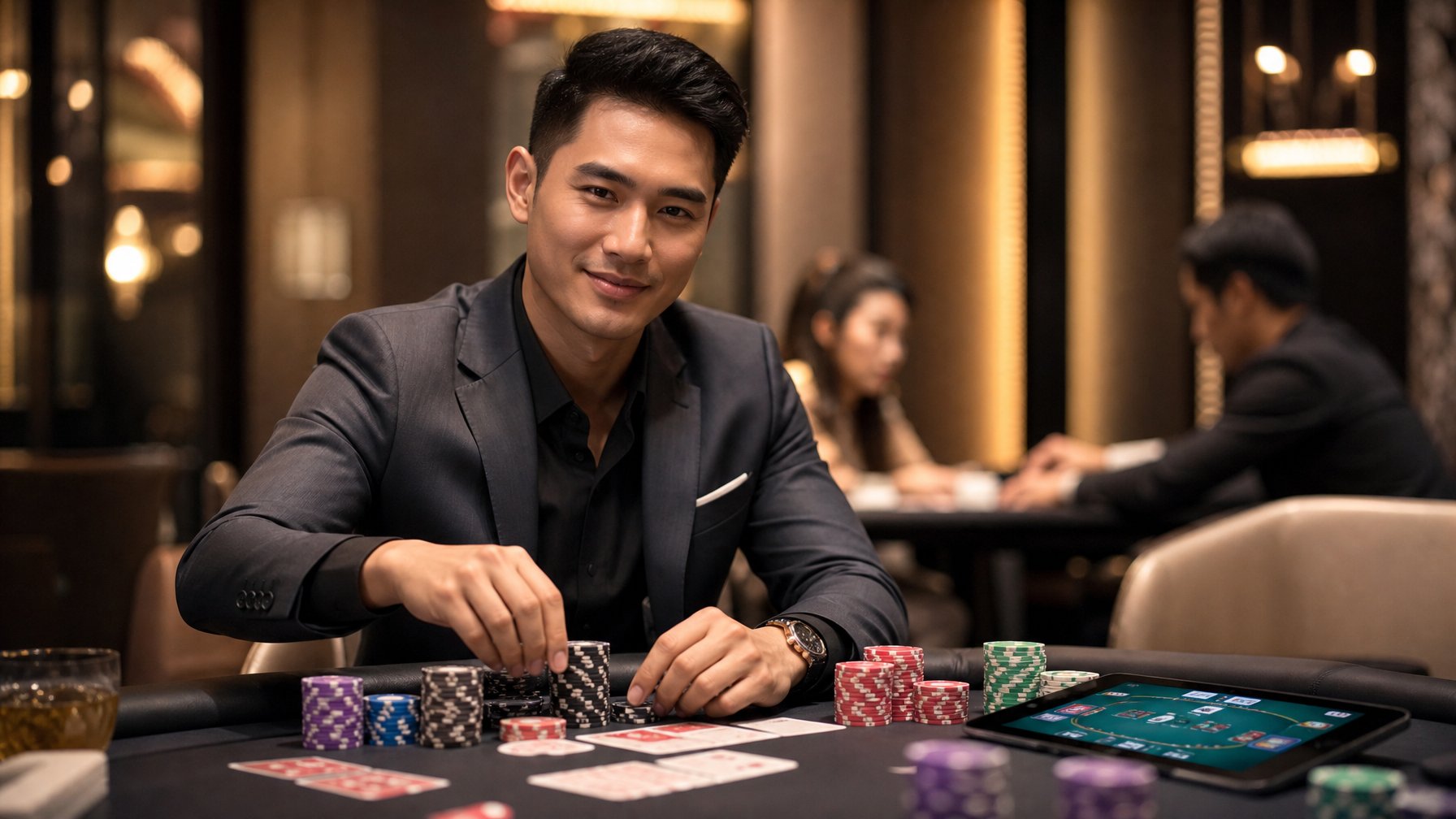Seorang pria Asia Tenggara duduk di meja permainan kartu dengan chip dan kartu, tersenyum percaya diri di ruangan bergaya modern.