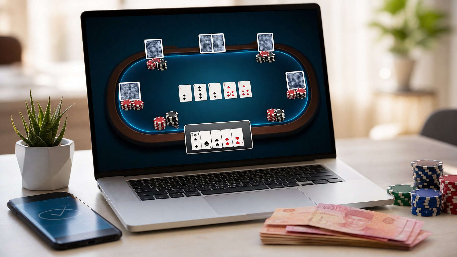 Seorang pengguna sedang bermain permainan kartu Bandar Ceme secara online di komputer dengan suasana ruang kerja yang rapi dan pencahayaan alami.