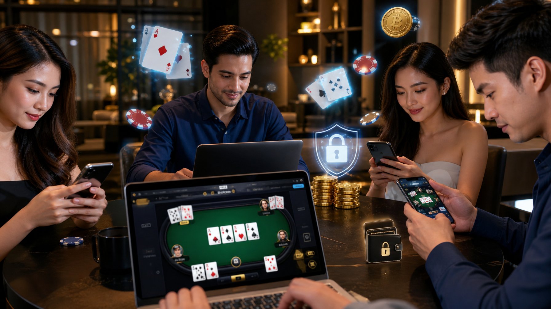 Beberapa orang menggunakan laptop dan ponsel untuk bermain permainan kartu Bandar Ceme secara online di ruangan modern.