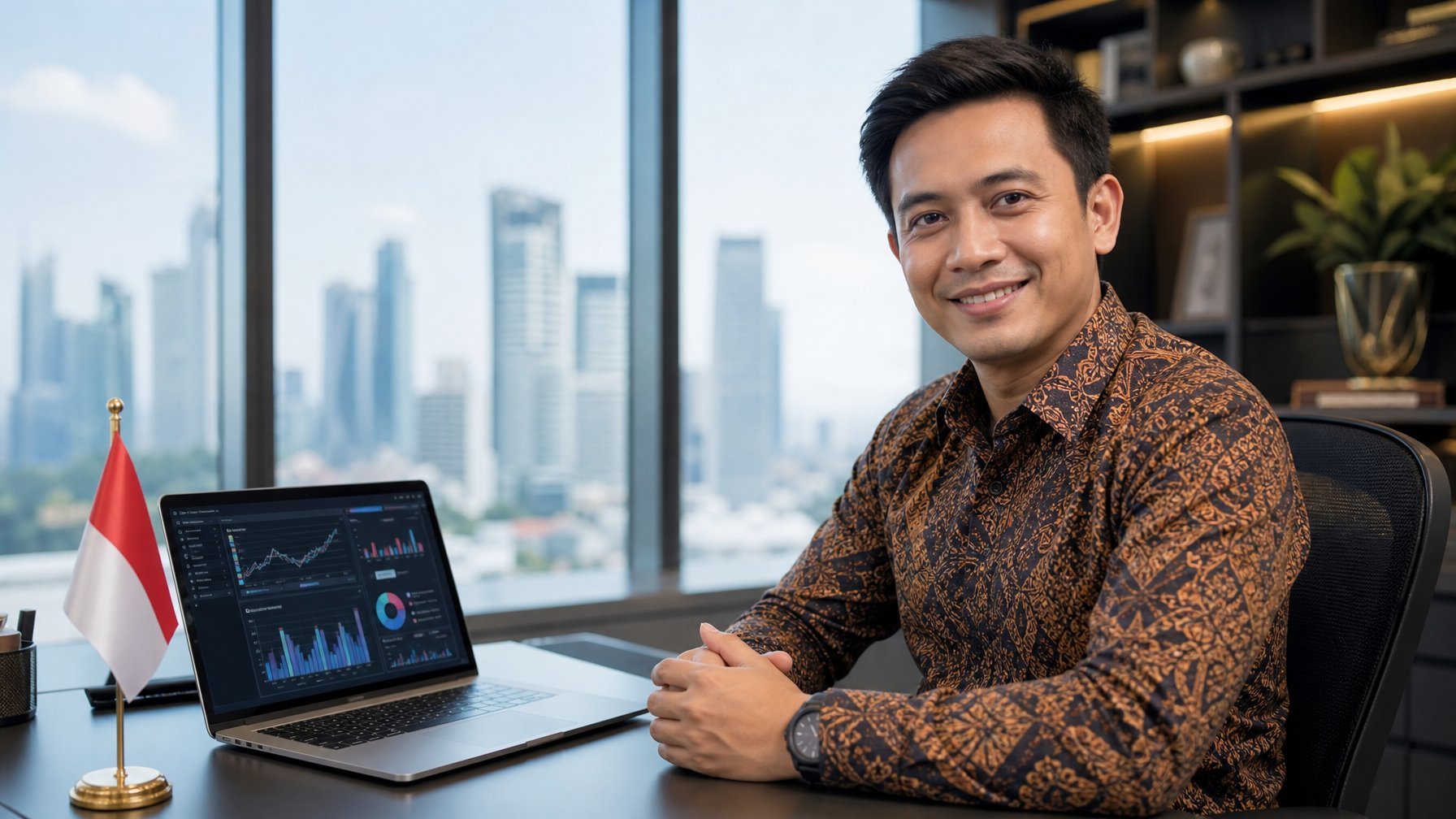 Seorang pria bisnis Indonesia duduk di meja kantor modern dengan laptop, menunjukkan suasana profesional dan terpercaya.
