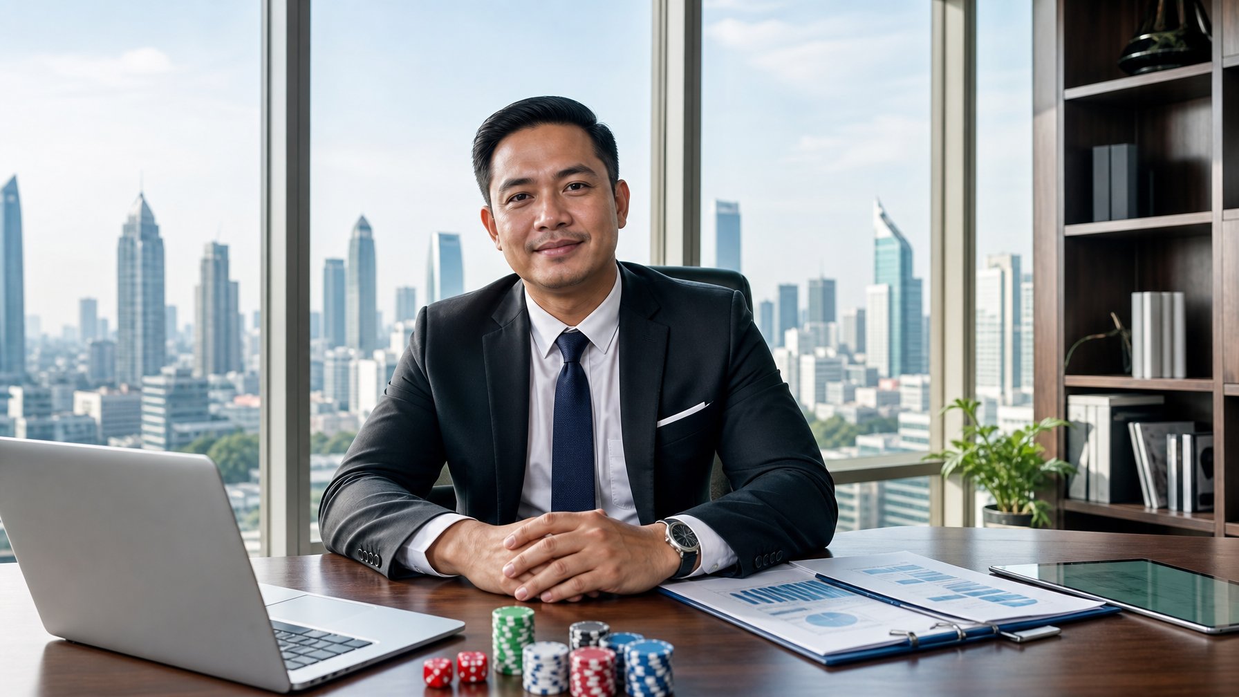 Seorang pria bisnis Indonesia yang percaya diri duduk di kantor modern dengan pemandangan kota Jakarta di belakangnya.