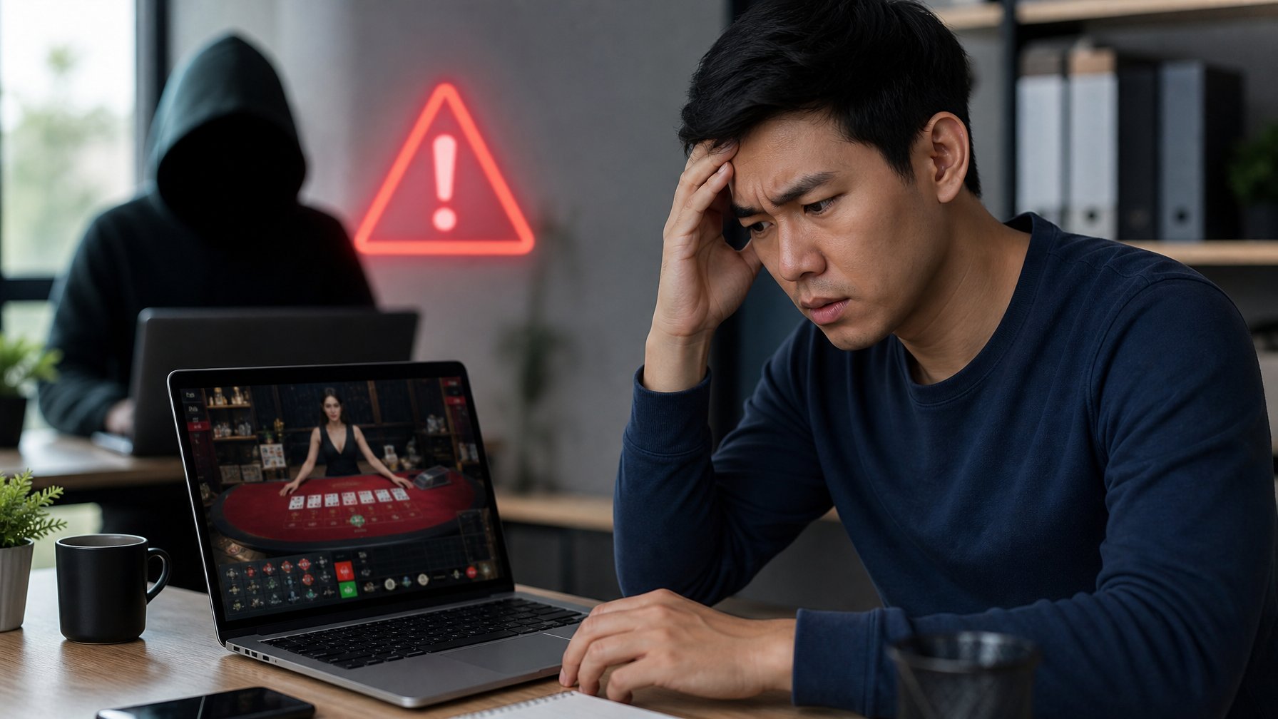 Seorang dewasa muda terlihat khawatir duduk di depan laptop yang menampilkan situs judi online mencurigakan, dengan tanda peringatan dan sosok samar di latar belakang.
