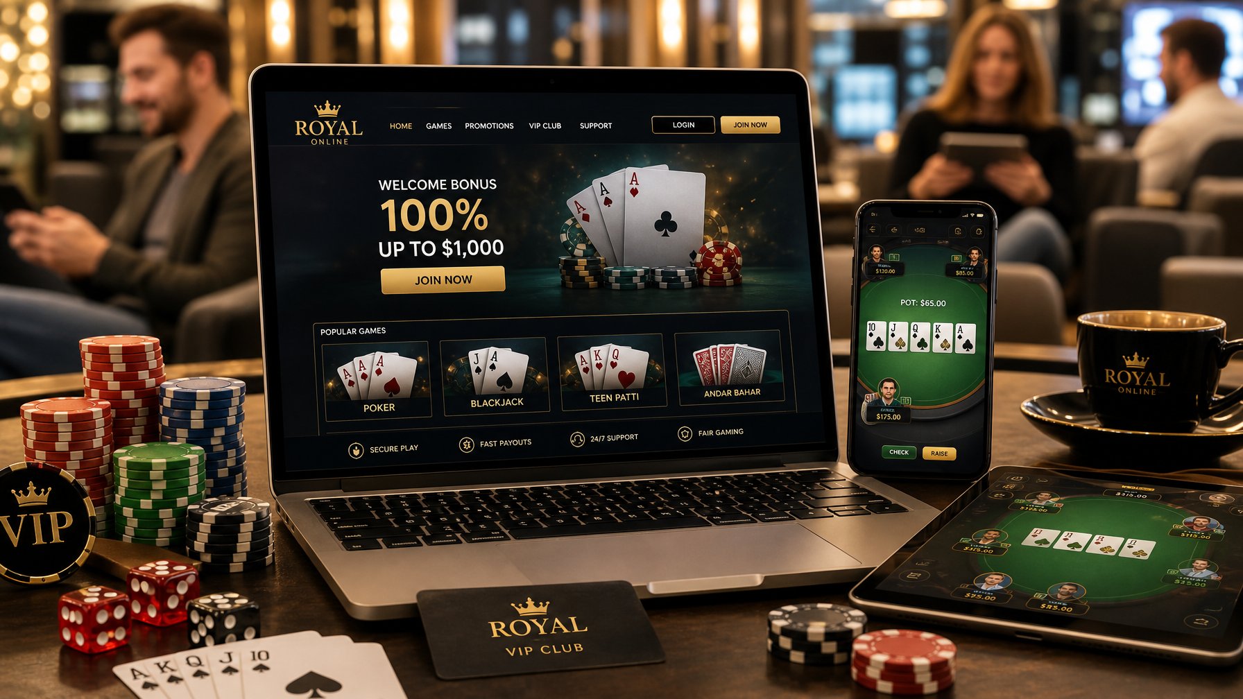 Suasana ruang kerja modern dengan laptop yang menampilkan permainan kartu digital, dikelilingi chip poker dan kartu remi.