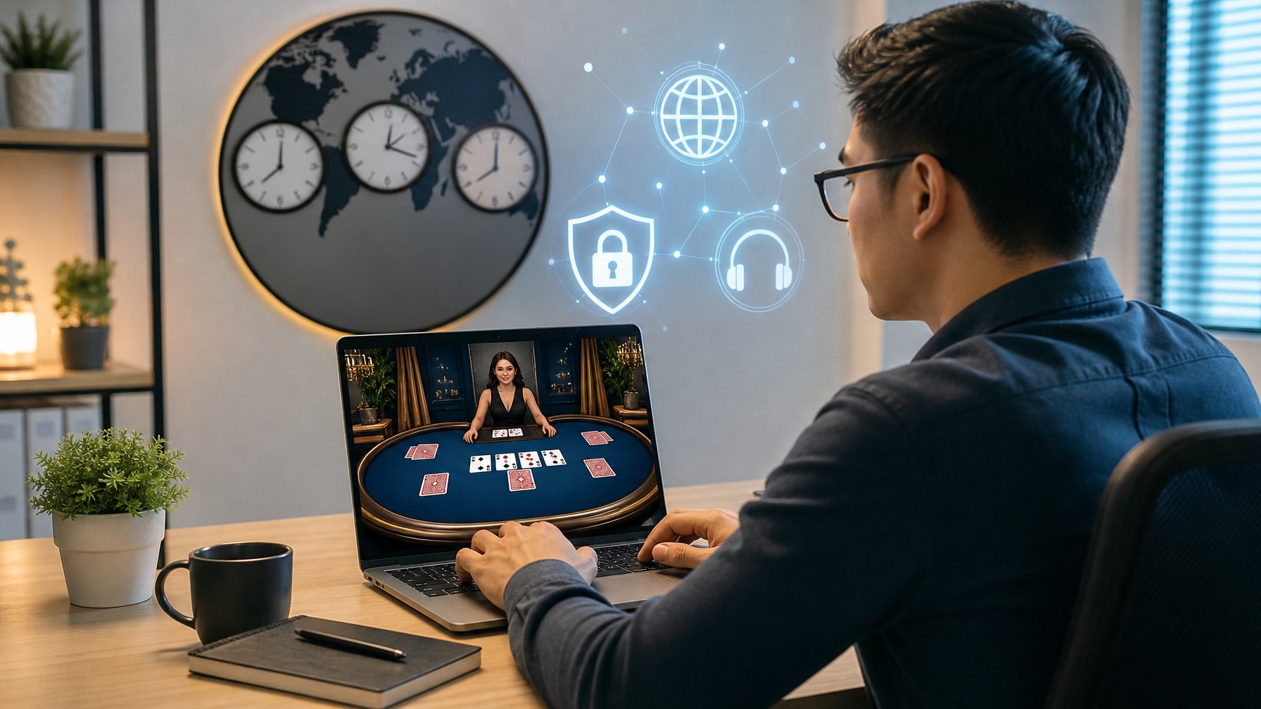 Seseorang menggunakan laptop di ruang kerja modern dengan tampilan permainan kartu online dan simbol waktu yang menunjukkan layanan 24 jam nonstop.