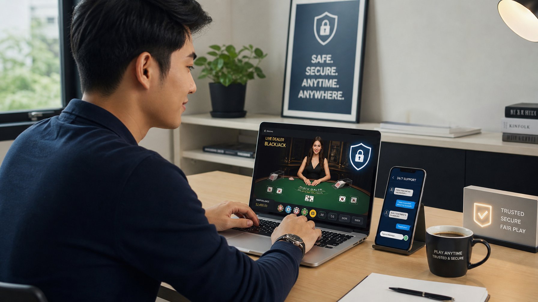 Seorang pria muda duduk di meja dengan laptop, menggunakan situs permainan kartu online yang aman dan terpercaya.