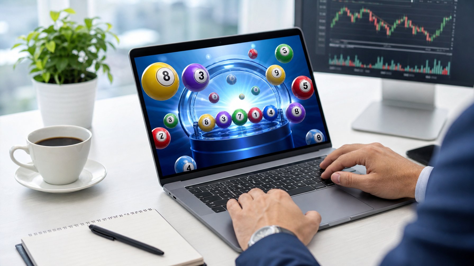 Seorang pria menggunakan laptop di meja kerja yang rapi dengan tampilan permainan angka di layar.