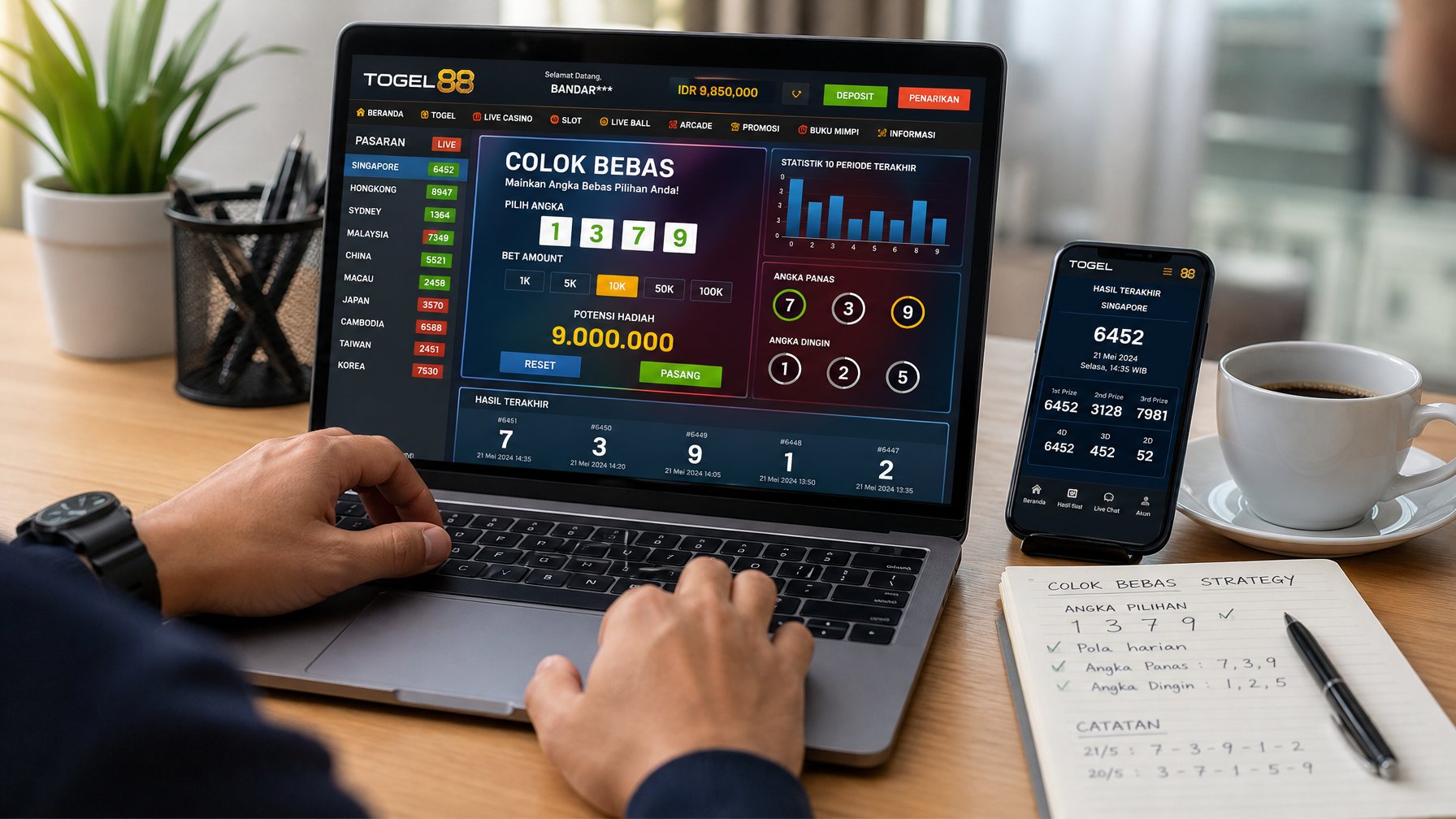 Seorang pemain sedang menggunakan laptop dengan tampilan permainan togel online, dikelilingi oleh smartphone, catatan, dan cangkir kopi di atas meja kerja yang rapi.