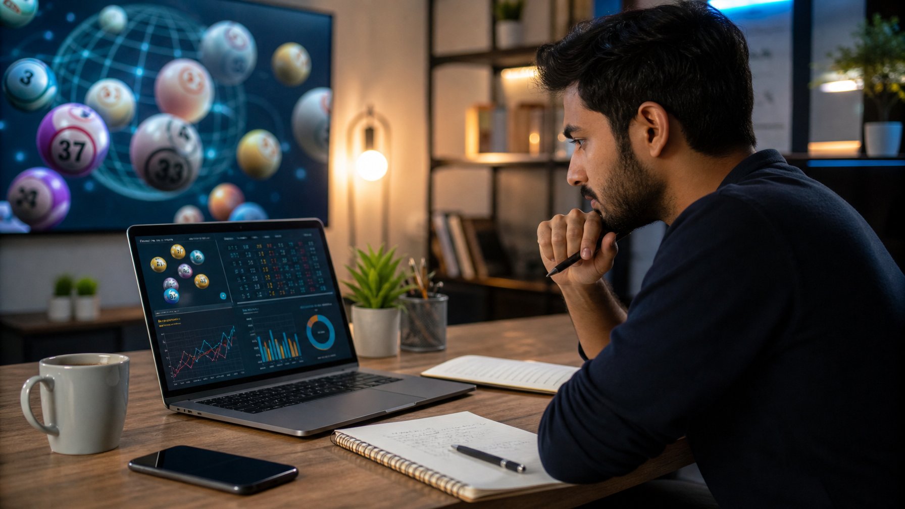 Seseorang muda duduk di meja kerja dengan laptop dan alat tulis, sedang fokus menganalisis data di ruang kerja yang terang.