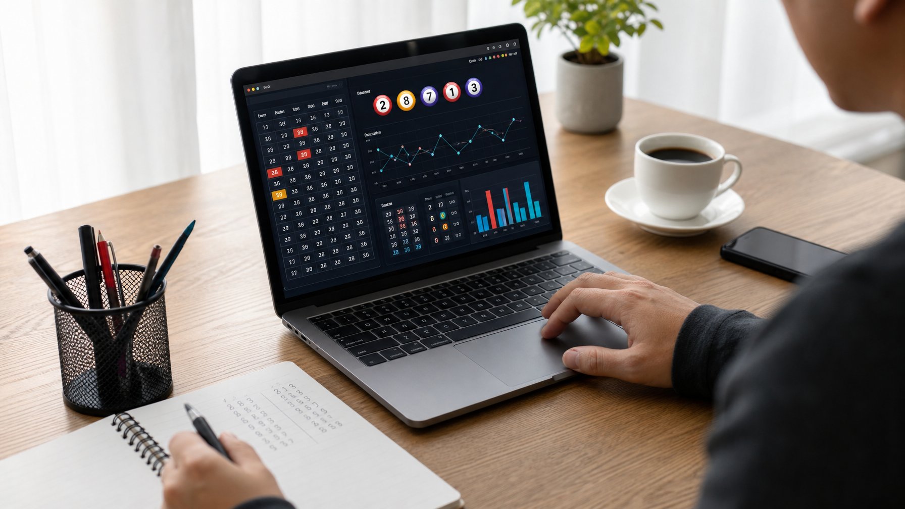 Seseorang sedang menggunakan laptop dengan tampilan permainan togel online di meja kerja yang rapi.