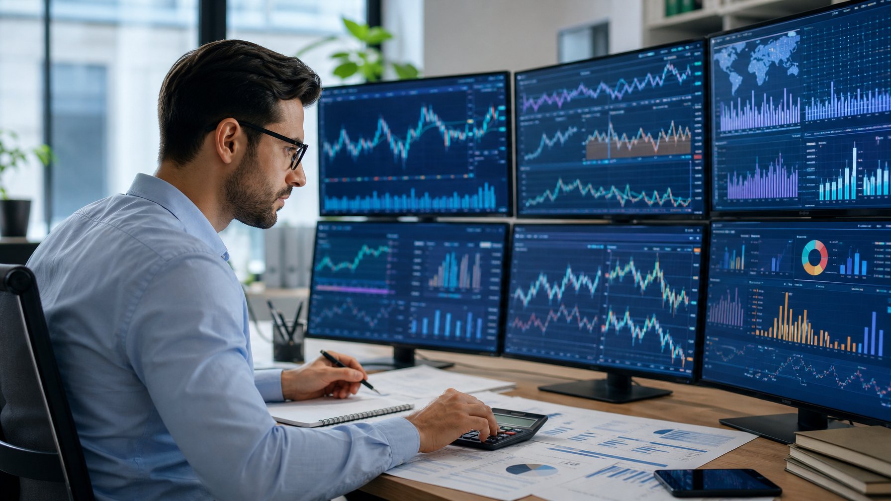 Seseorang sedang menganalisis data angka di depan beberapa layar komputer di kantor modern.