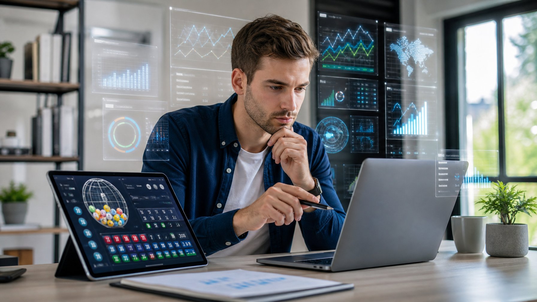 Seorang dewasa muda duduk di meja modern menggunakan laptop dan tablet dengan tampilan angka dan grafik, fokus memilih pasaran togel online terbaik.