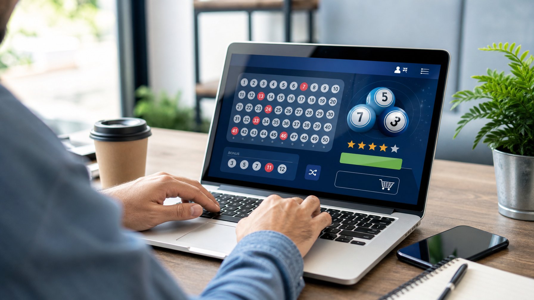 Seseorang menggunakan laptop di meja kerja untuk memasang taruhan togel online.