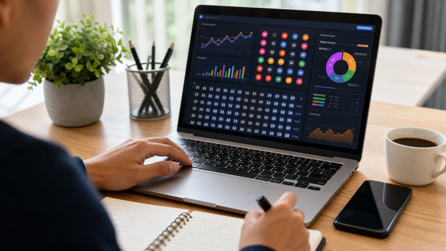 Seseorang menggunakan laptop di meja kerja dengan tampilan platform taruhan togel online, dikelilingi oleh ponsel, buku catatan, dan cangkir kopi.