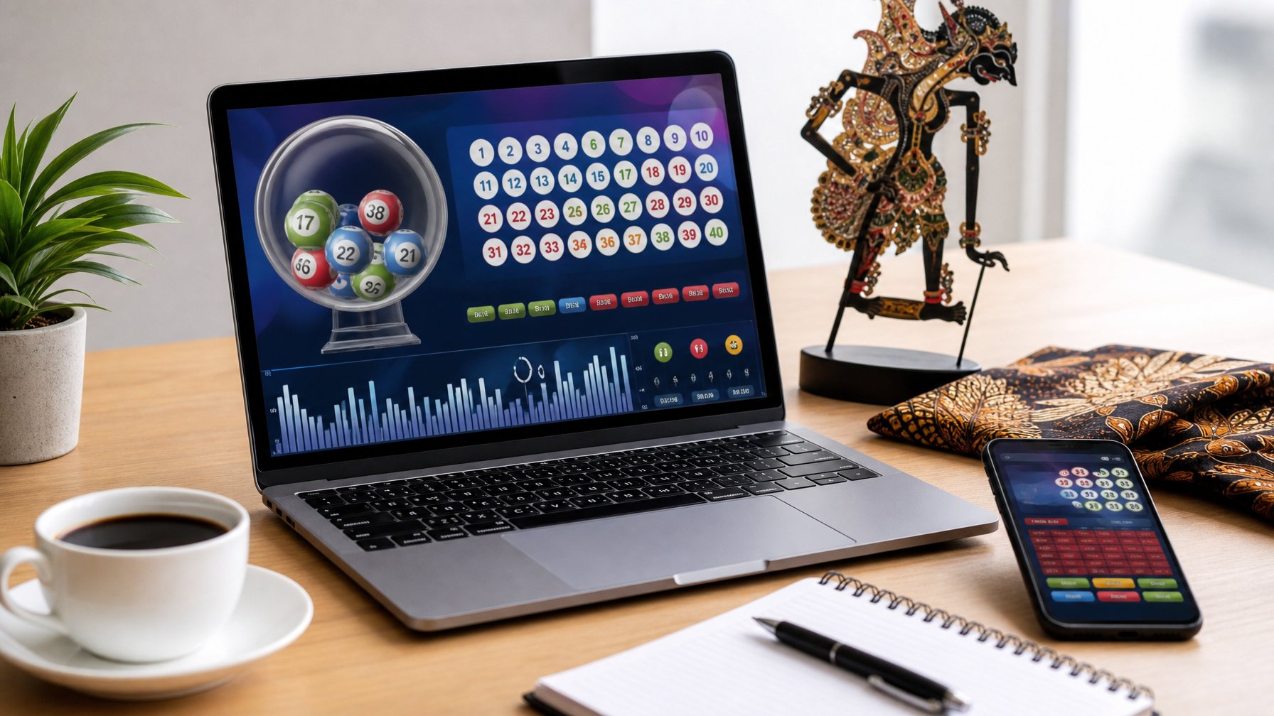 Seorang profesional menggunakan laptop dan ponsel untuk bermain togel online di meja kerja dengan latar belakang elemen budaya Indonesia.