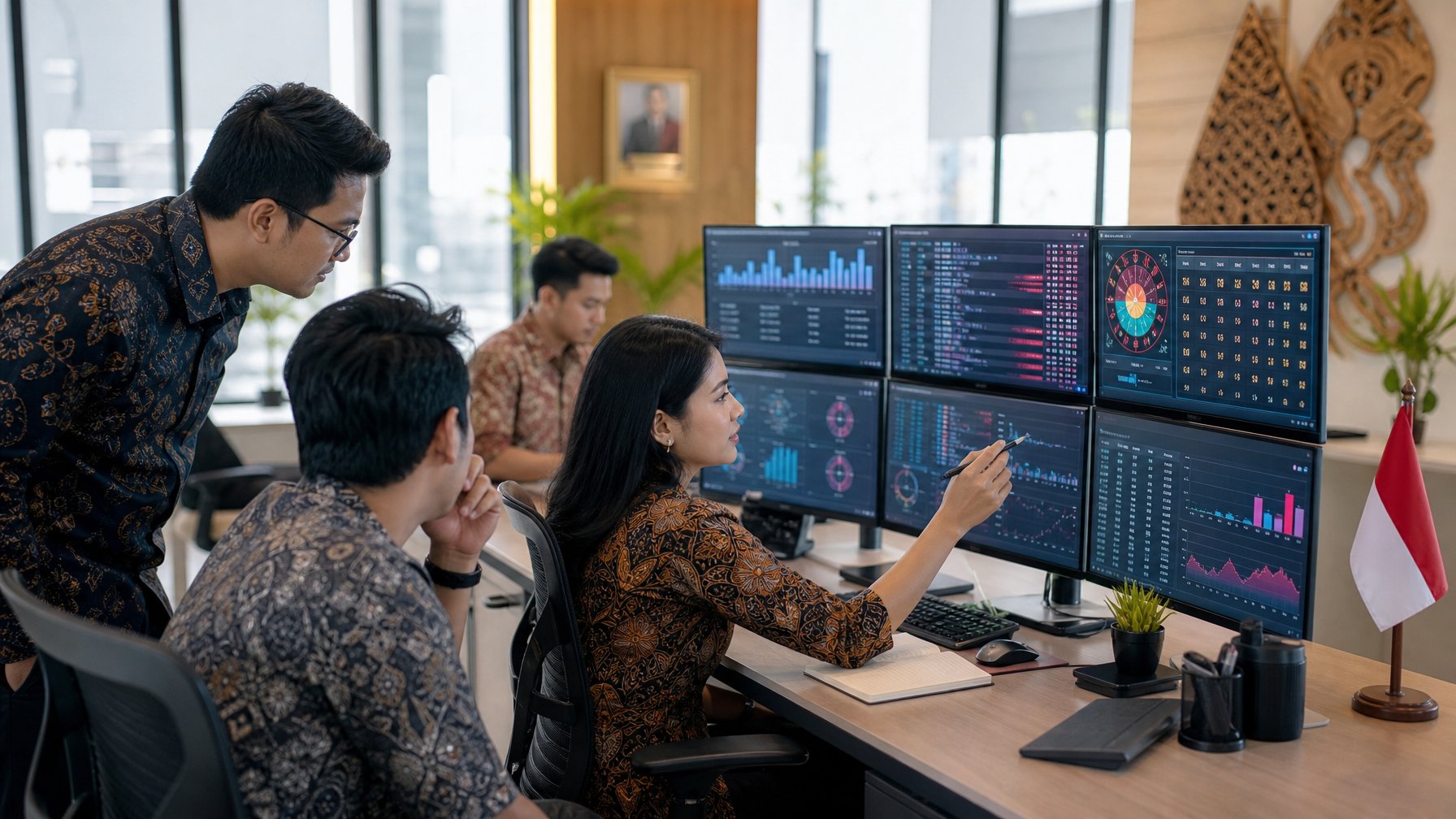 Sekelompok profesional muda bekerja di kantor modern dengan layar komputer yang menampilkan data dan antarmuka togel online, dengan elemen budaya Indonesia di latar belakang.