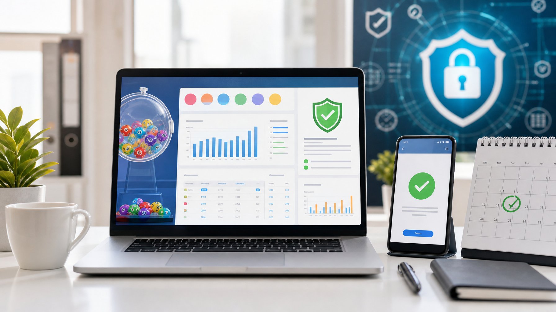 Sebuah ruang kerja modern dengan laptop dan ponsel yang menampilkan situs lotere online yang aman dan pembayaran tepat waktu.