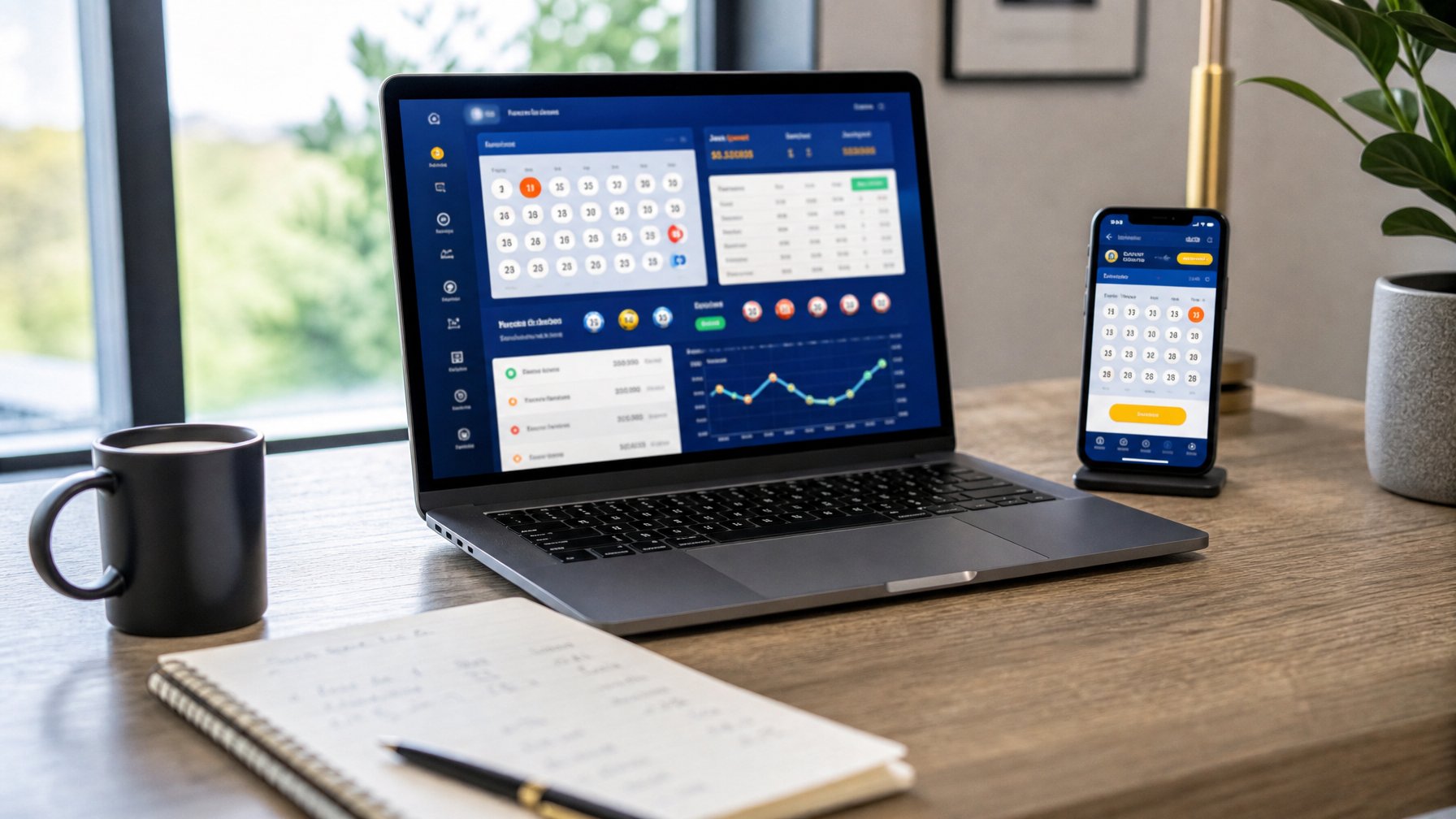 Seorang pria duduk di meja kerja dengan laptop dan ponsel yang menampilkan antarmuka lotere online, di sekitar meja terdapat cangkir kopi dan buku catatan.
