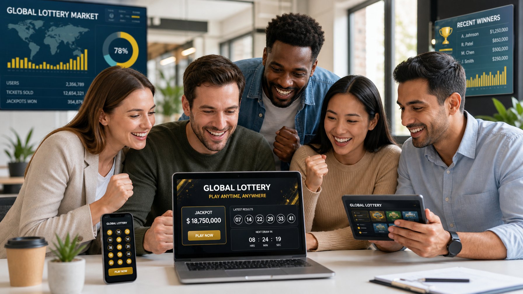 Sekelompok orang sedang menggunakan laptop dan perangkat digital di kantor modern, fokus pada aktivitas permainan togel online.