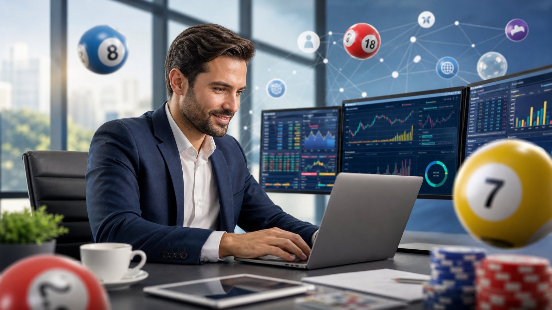 Seorang pria duduk di meja kantor modern menggunakan laptop dengan layar yang menampilkan grafik dan angka terkait permainan togel online.