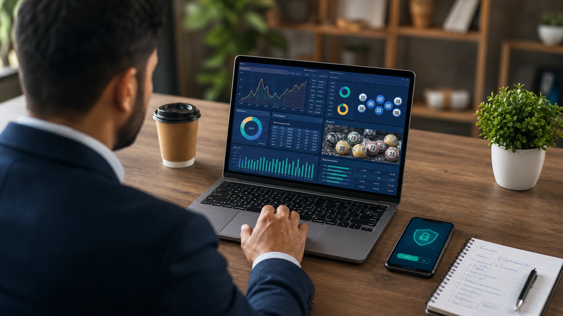 Seseorang sedang bekerja di depan laptop dengan grafik dan data, di meja terdapat kopi dan ponsel yang menampilkan situs aman.