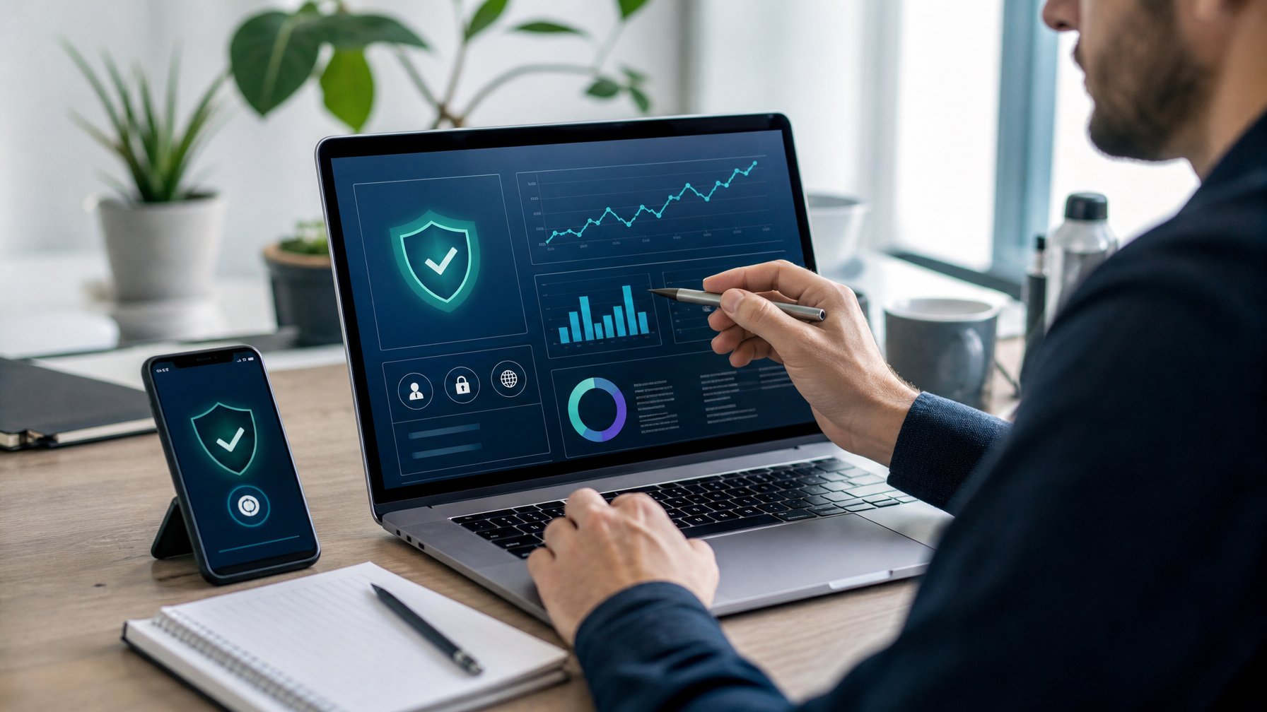 Orang sedang bekerja di meja dengan laptop dan smartphone, memeriksa data dan informasi terkait layanan togel online terpercaya.