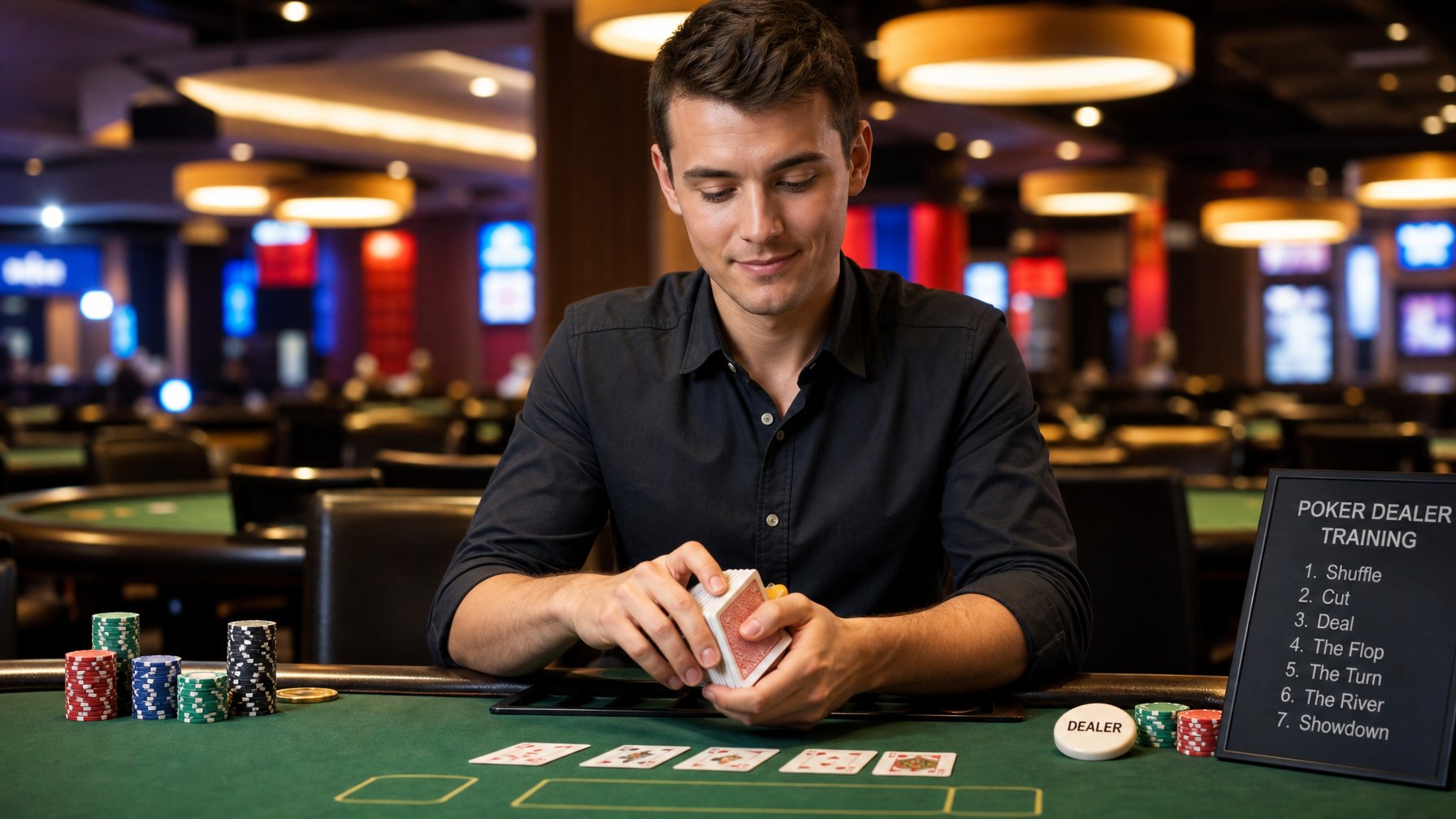Seorang pemula yang fokus sedang mengocok kartu di meja poker Texas Hold’em di kasino.