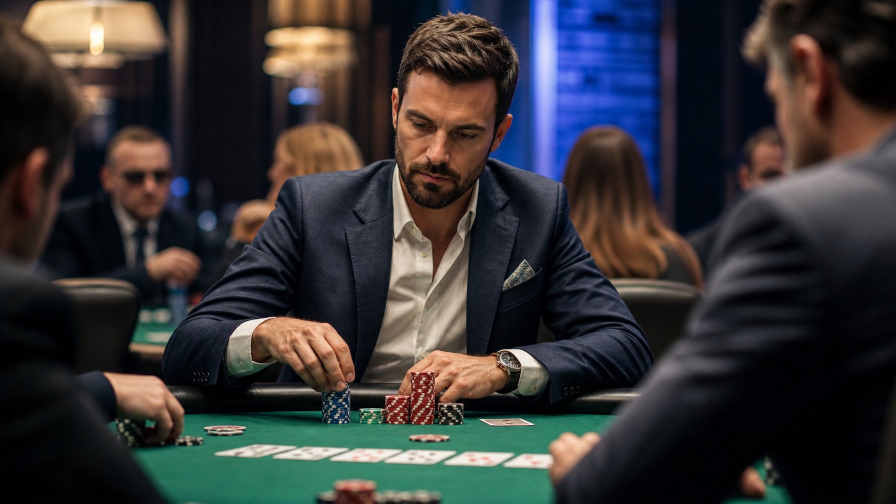 Seorang pria percaya diri duduk di meja poker dengan kartu dan chip, fokus bermain Texas Hold’em di kasino.