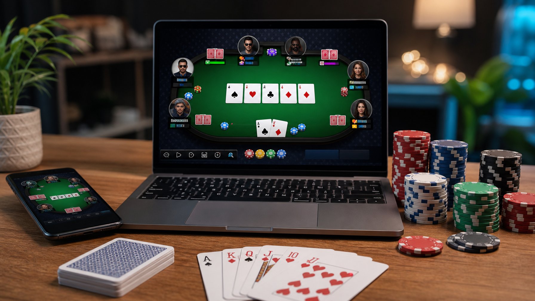 Sebuah laptop menampilkan permainan poker Texas Hold’em online dengan kartu dan chip poker di sekitarnya pada meja yang rapi.