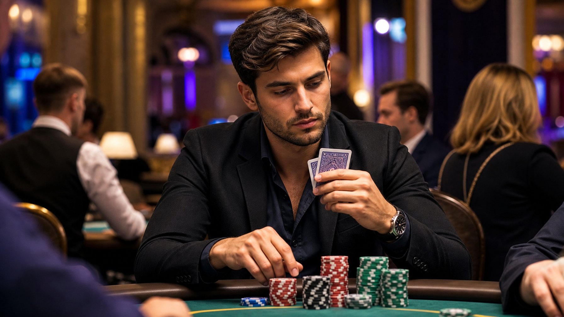 Seorang pria muda sedang bermain poker Texas Hold’em di meja kasino dengan ekspresi fokus dan tumpukan chip di depannya.