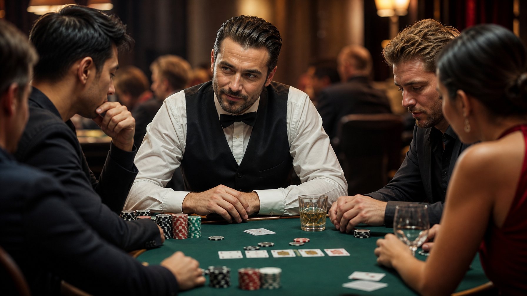 Seorang bandar poker Texas Hold’em sedang memperhatikan ekspresi wajah dan bahasa tubuh lawan di meja permainan.