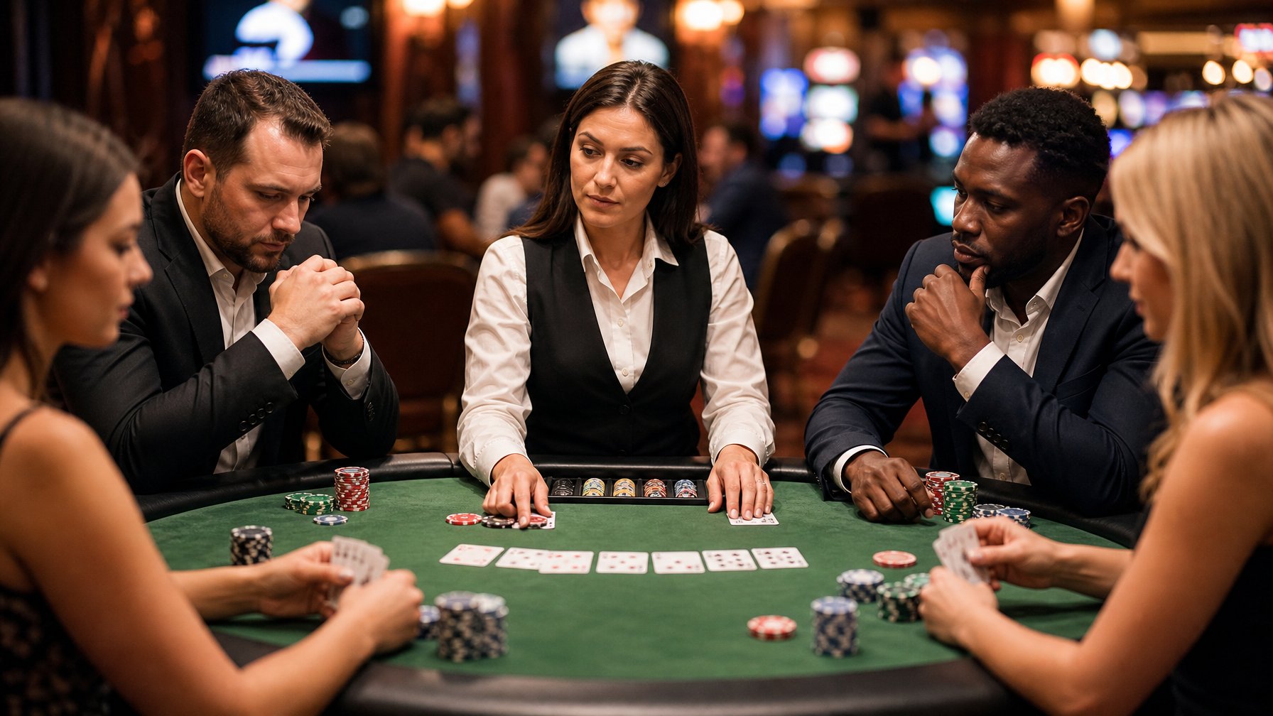 Seorang bandar poker Texas Hold'em mengamati ekspresi wajah dan gerakan tangan pemain di meja hijau dalam suasana kasino.