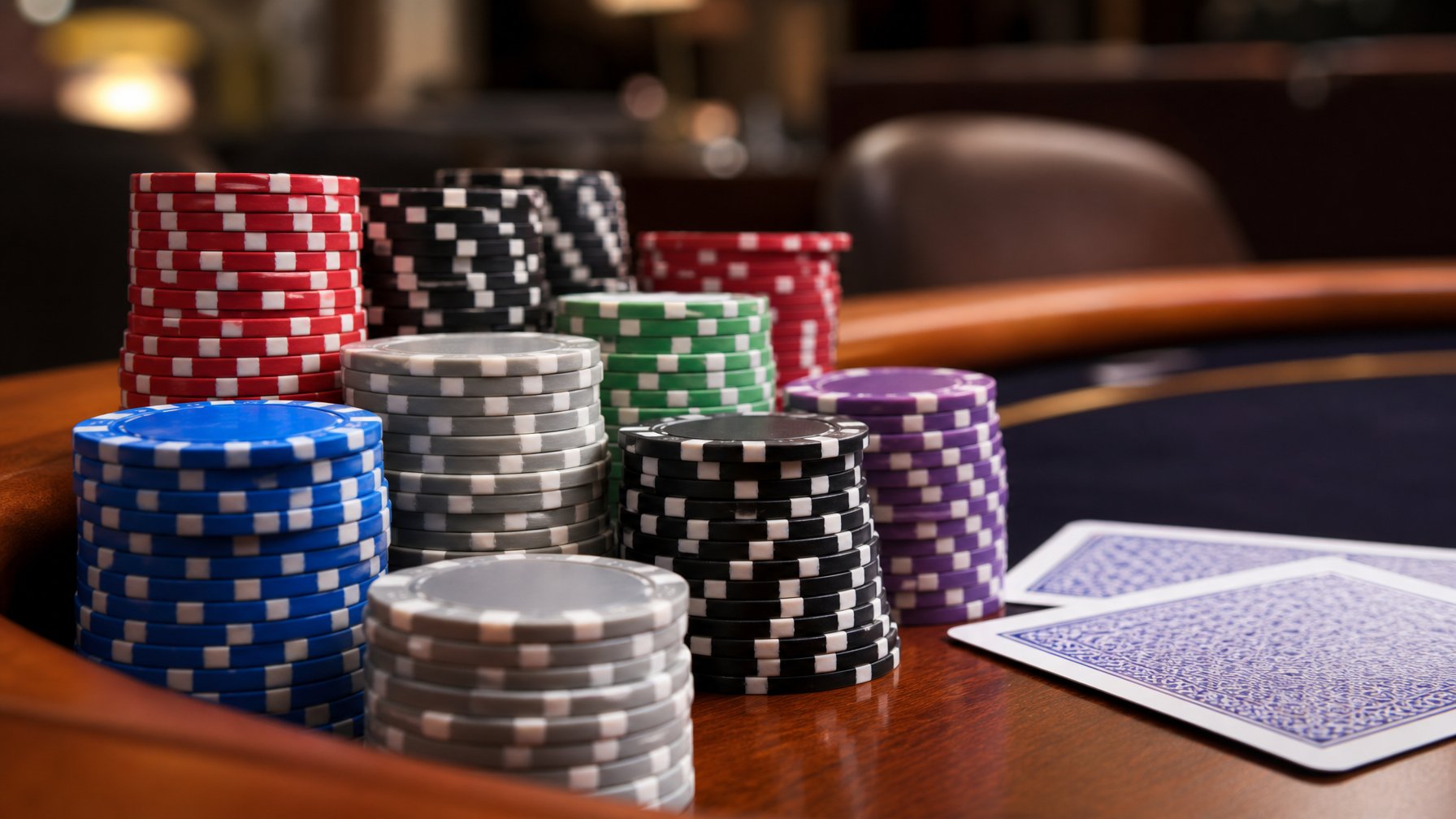 Tumpukan chip poker yang rapi di atas meja kasino dengan kartu bermain di sampingnya.