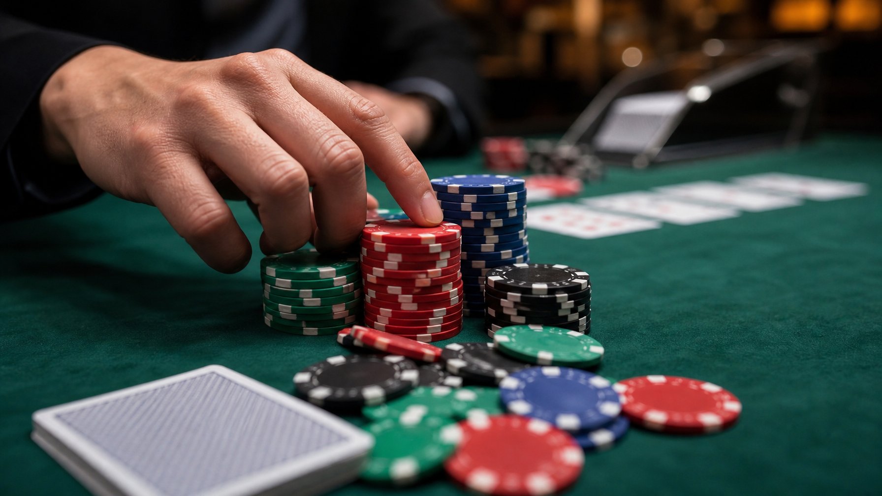 Tangan sedang mengatur tumpukan chip poker di atas meja hijau dalam suasana permainan Texas Hold'em.